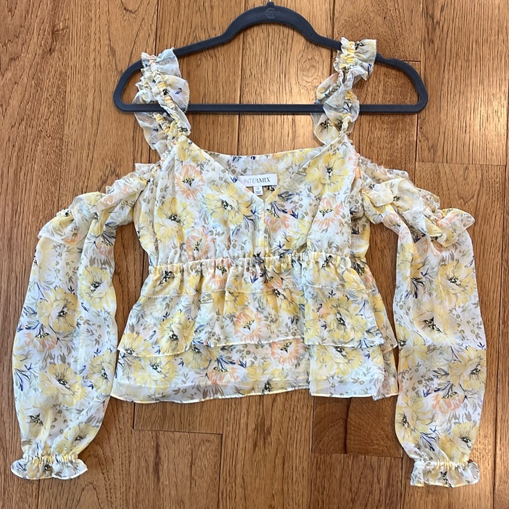 Intermix size O 100 silk yellow and blue floral cold shoulder long sleeve blouse